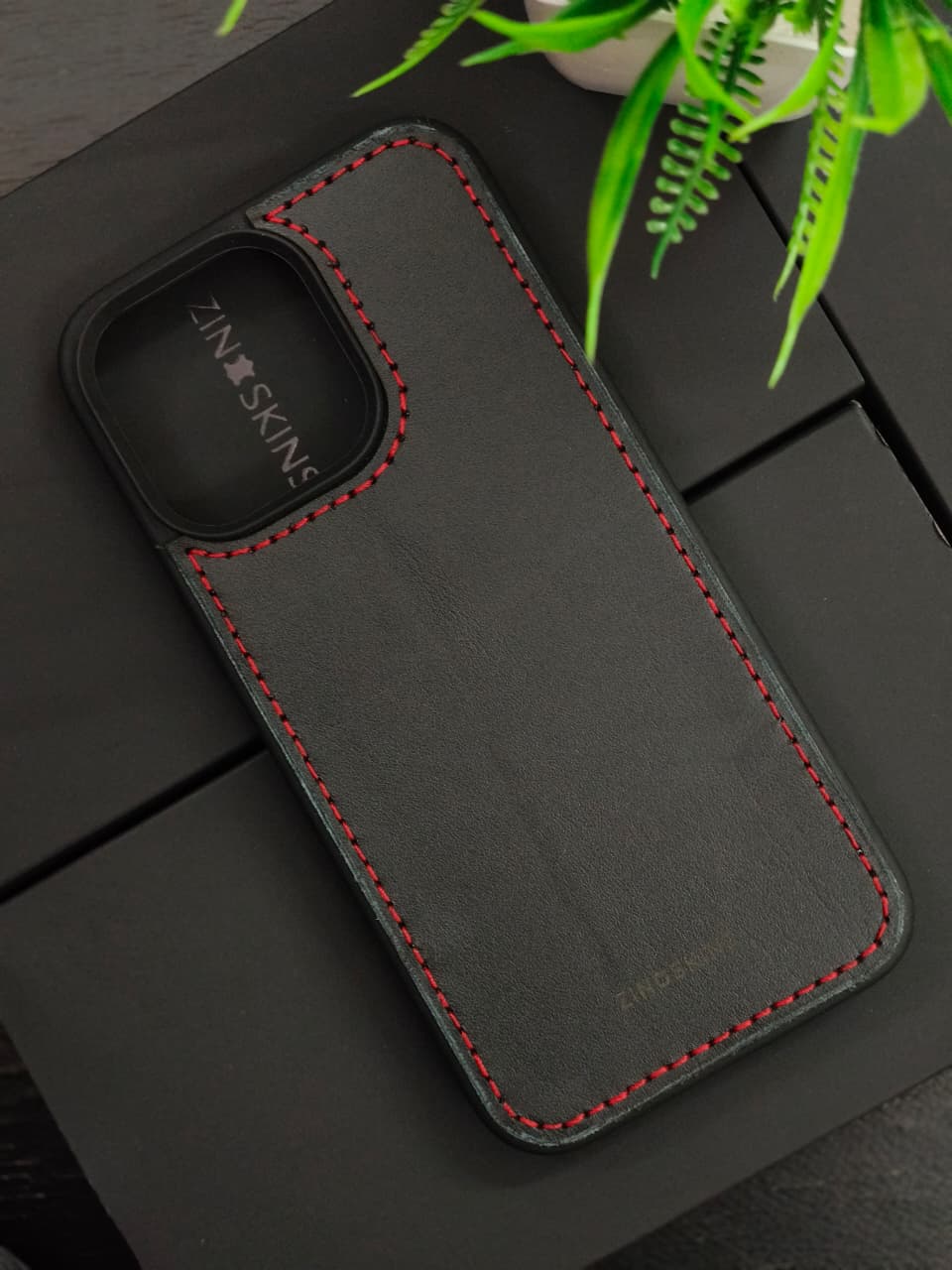 Premium Leather Case for iPhone 16 Pro Max Back Cover Black With Red Thread Solid Color by Zinoskins