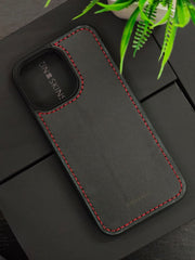Premium Leather Case for iPhone 16 Pro Back Cover Black With Red Thread Solid Color by Zinoskins