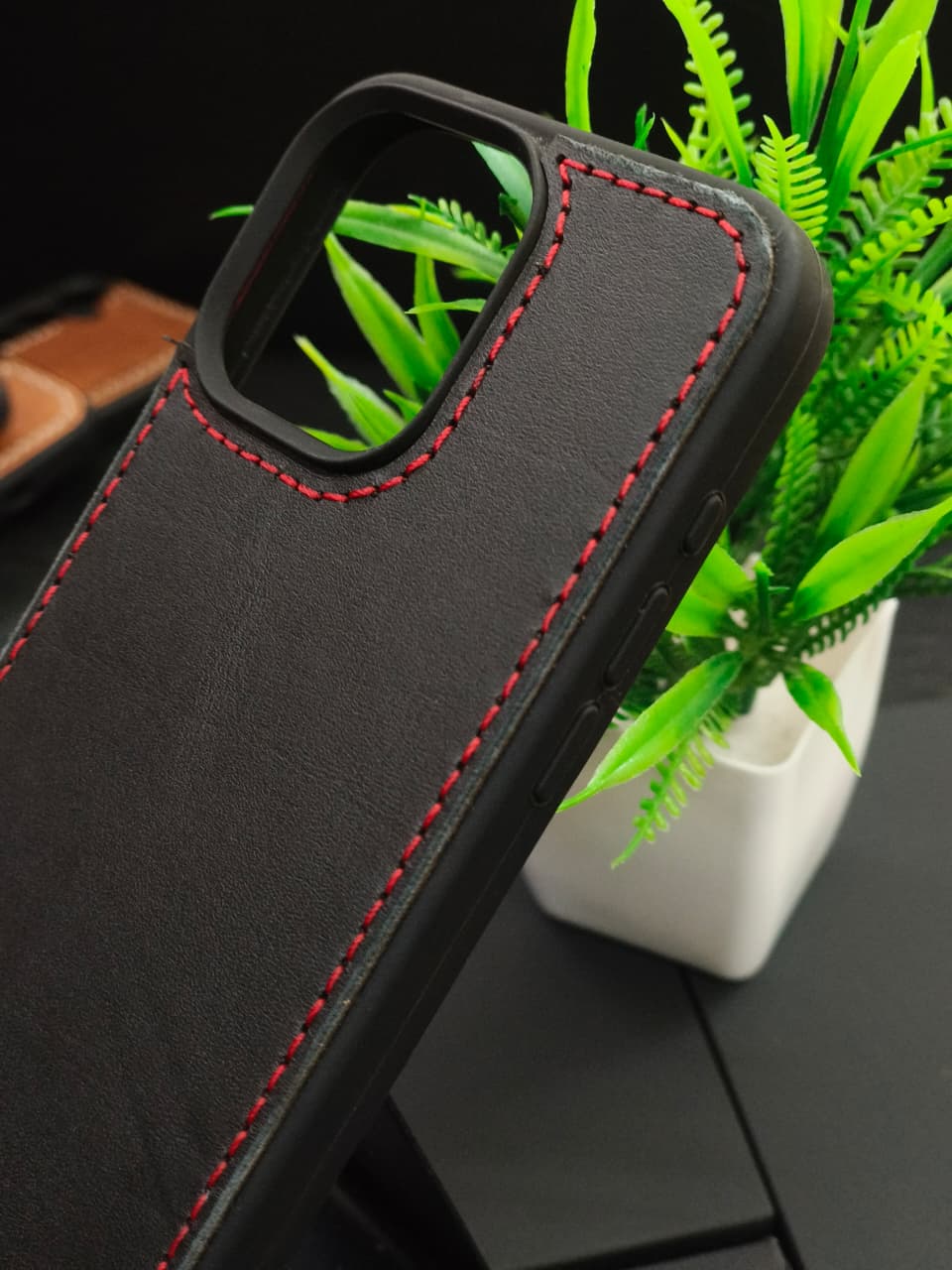 Premium Leather Case for iPhone 11  Back Cover Black With Red Thread Solid Color by Zinoskins