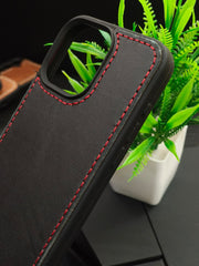 Premium Leather Case for iPhone 16 Pro Back Cover Black With Red Thread Solid Color by Zinoskins