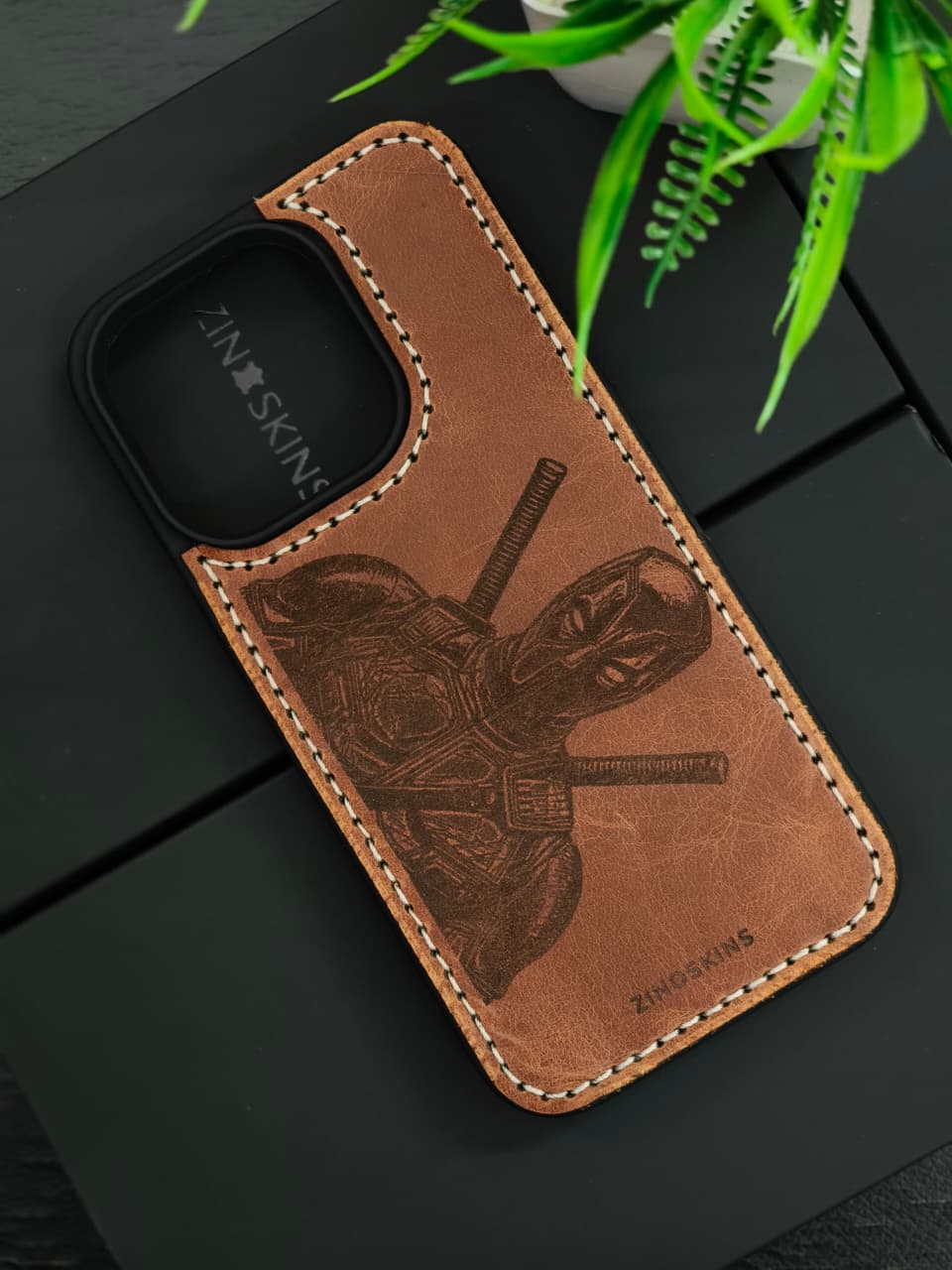 Premium Leather Case for iPhone 15 Pro Max Back Cover With Deadpool Engraved by Zinoskins