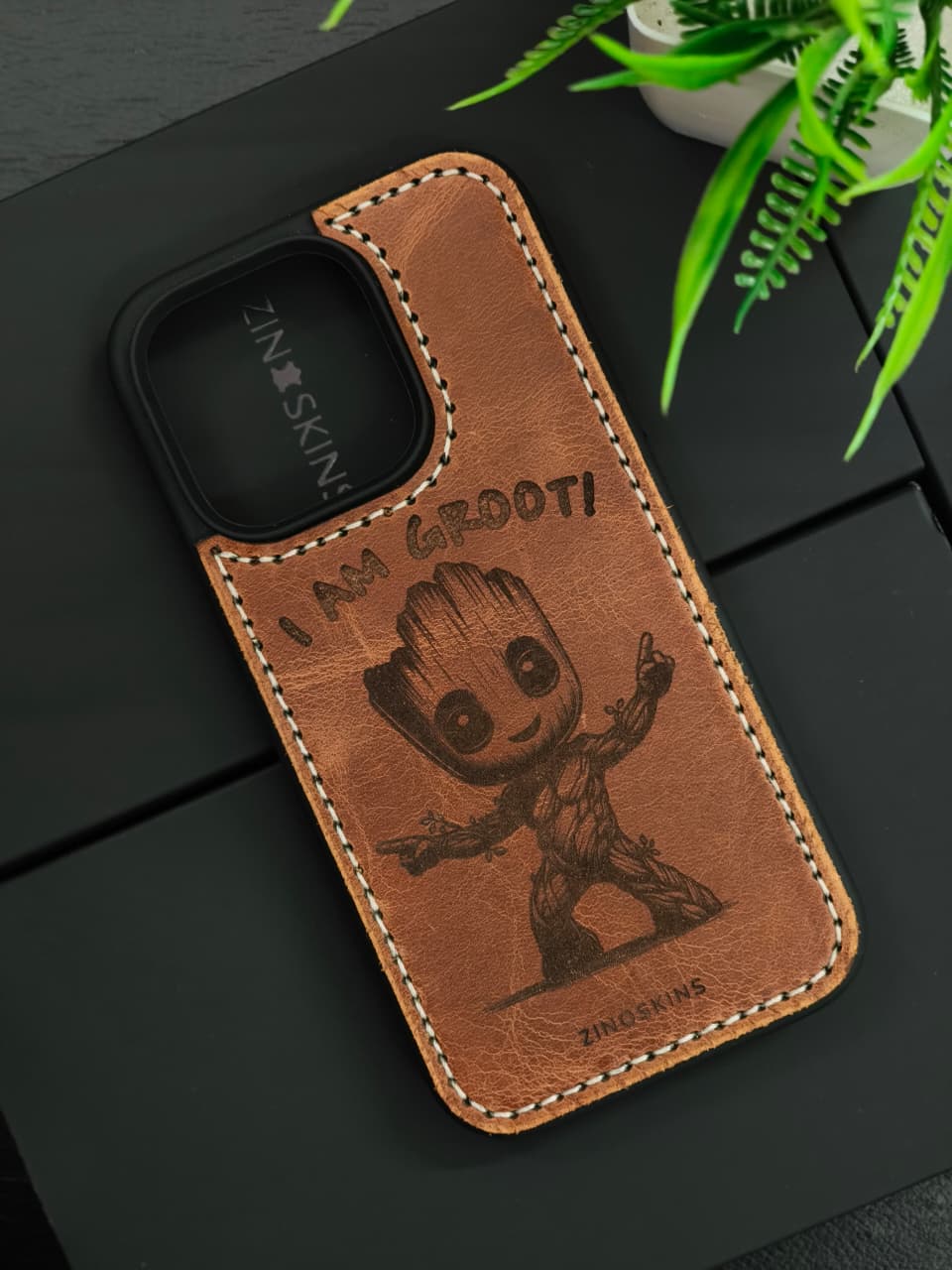 Premium Leather Case for iPhone 15 Pro Max Back Cover With I Am Groot Engraved by Zinoskins