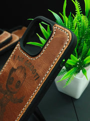 Premium Leather Case for iPhone 15 Pro Max Back Cover With I Am Groot Engraved by Zinoskins