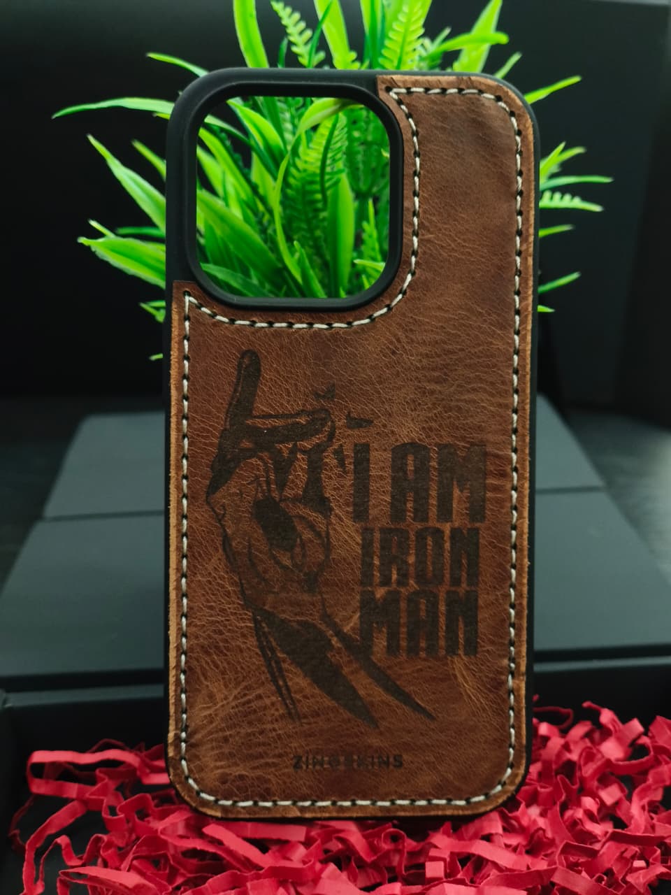 Premium Leather Case for iPhone 15 Plus Back Cover With Ironman Engraved by Zinoskins