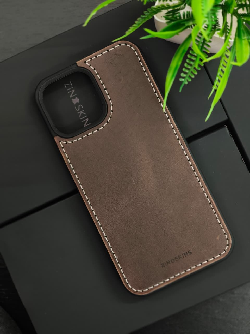 Premium Leather Case for iPhone 15 Back Cover Dark Brown Solid Color by Zinoskins