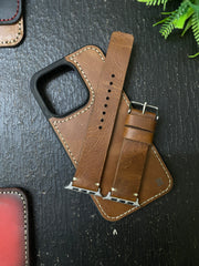 Tan Leather Simple Style Straps for Apple Watch + Same Color Full Stitch Style Leather Case for Iphone All Models | ZINOSKINS