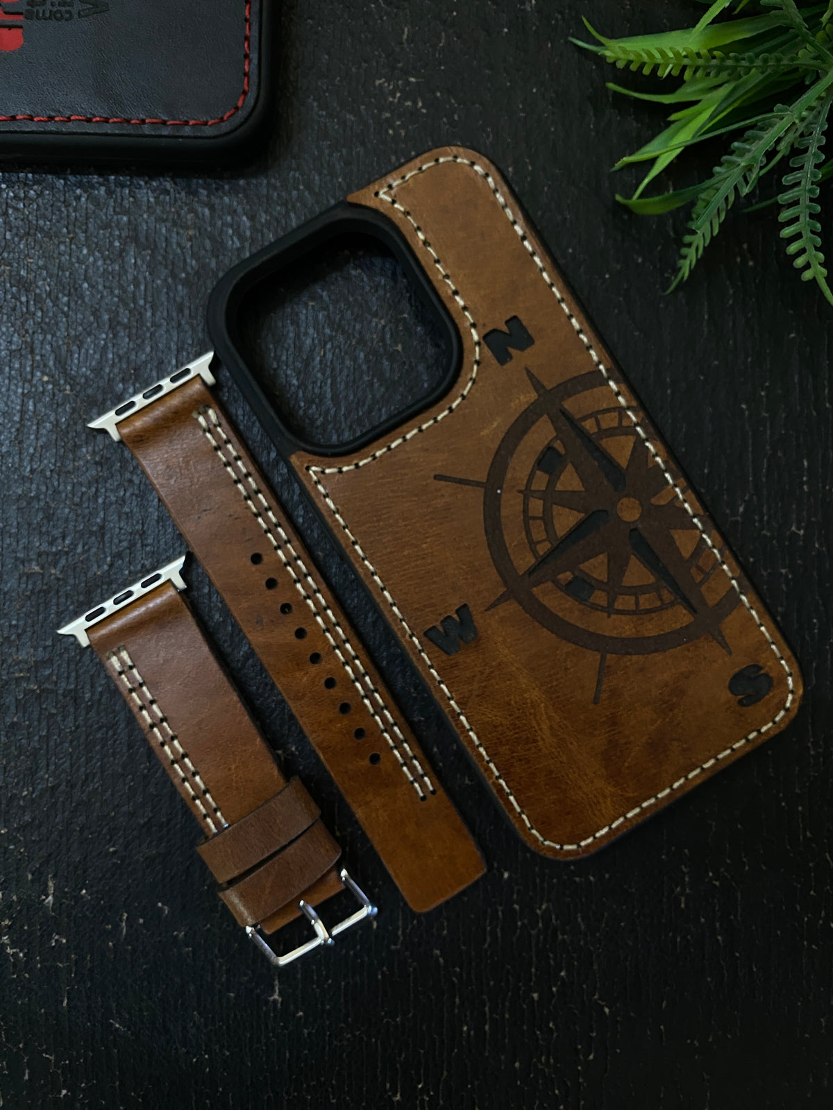 Tan Leather Parallel Stitch Style Straps for Apple Watch + Same Color Compass Style Art Leather Case for Iphone All Models | ZINOSKINS