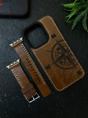 Tan Leather Parallel Stitch Style Straps for Apple Watch + Same Color Compass Style Art Leather Case for Iphone All Models | ZINOSKINS