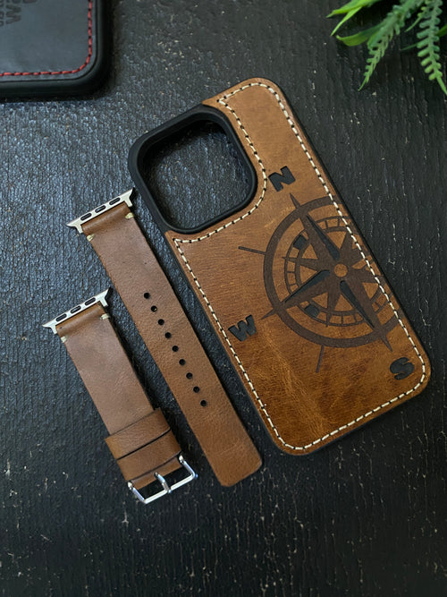 Tan Leather Simple Style Straps for Apple Watch + Same Color Compass Style Art Leather Case for Iphone All Models | ZINOSKINS