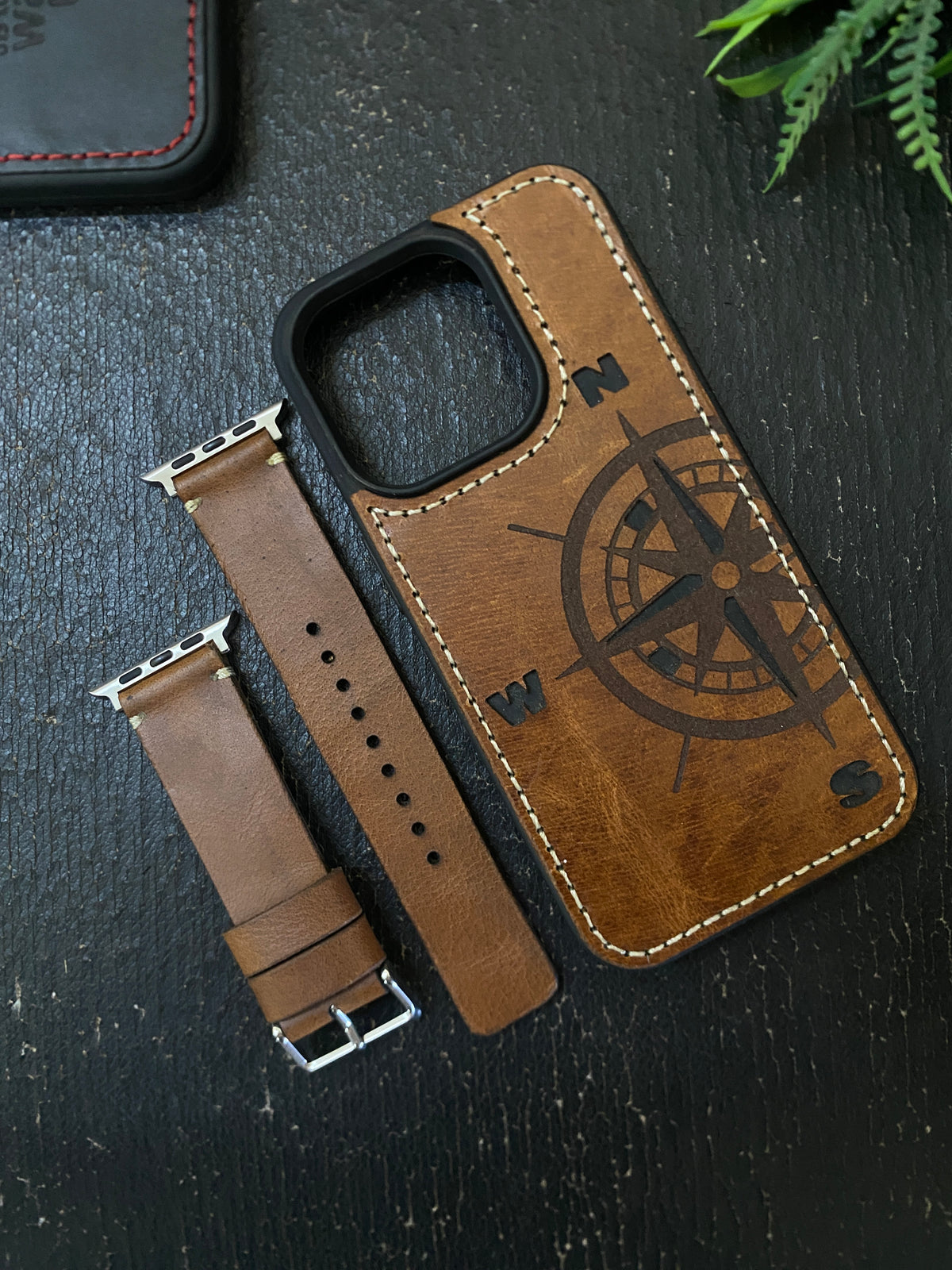 Tan Leather Simple Style Straps for Apple Watch + Same Color Compass Style Art Leather Case for Iphone All Models | ZINOSKINS