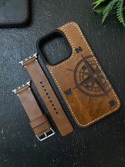 Tan Leather Simple Style Straps for Apple Watch + Same Color Compass Style Art Leather Case for Iphone All Models | ZINOSKINS