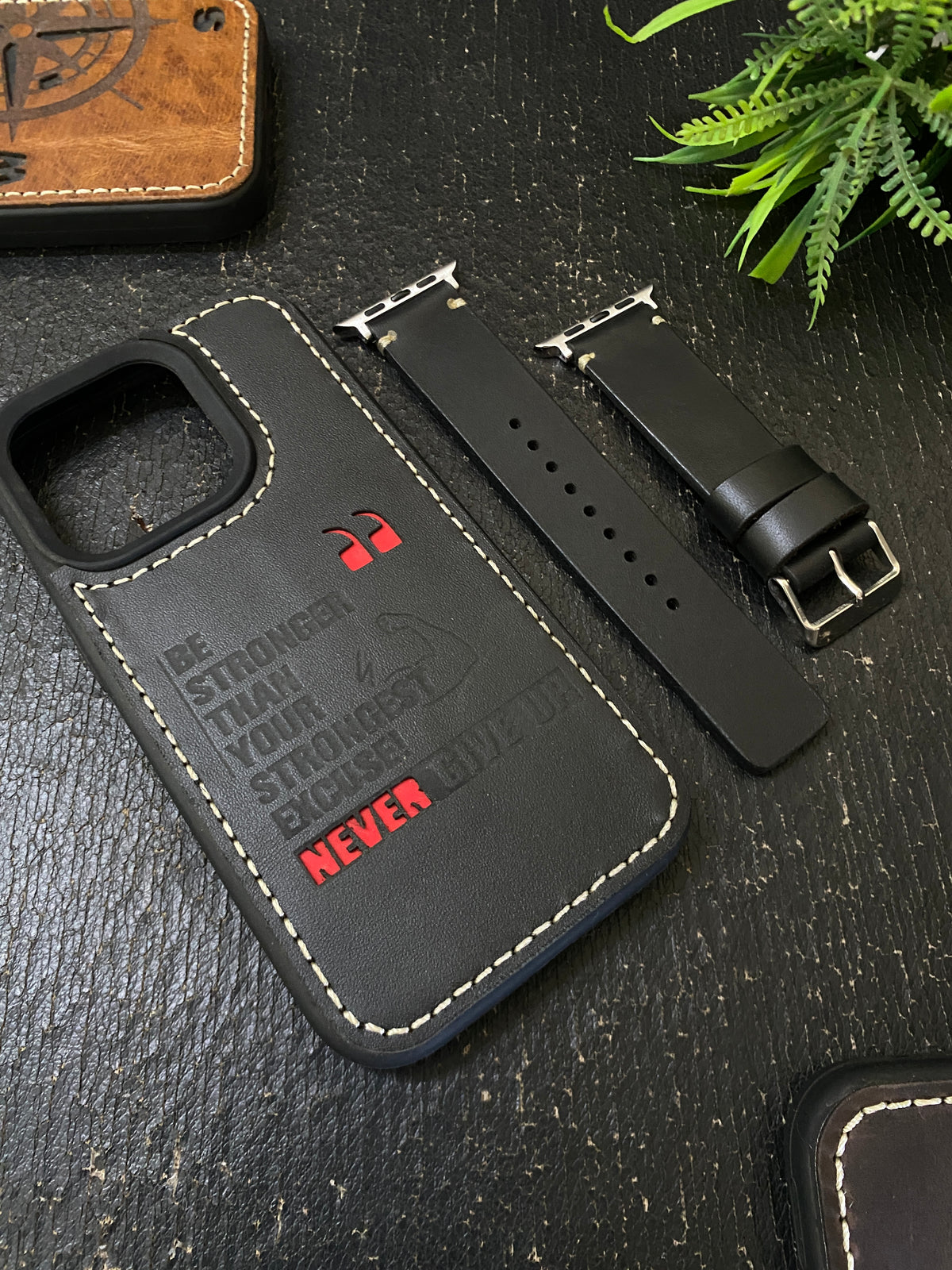 Black Leather White Simple Stitch Style Straps for Apple Watch + Same Color Never Give Up Mode Style Art Leather Case for Iphone All Models | ZINOSKINS