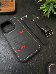 Black Leather White Simple Stitch Style Straps for Apple Watch + Same Color Never Give Up Mode Style Art Leather Case for Iphone All Models | ZINOSKINS