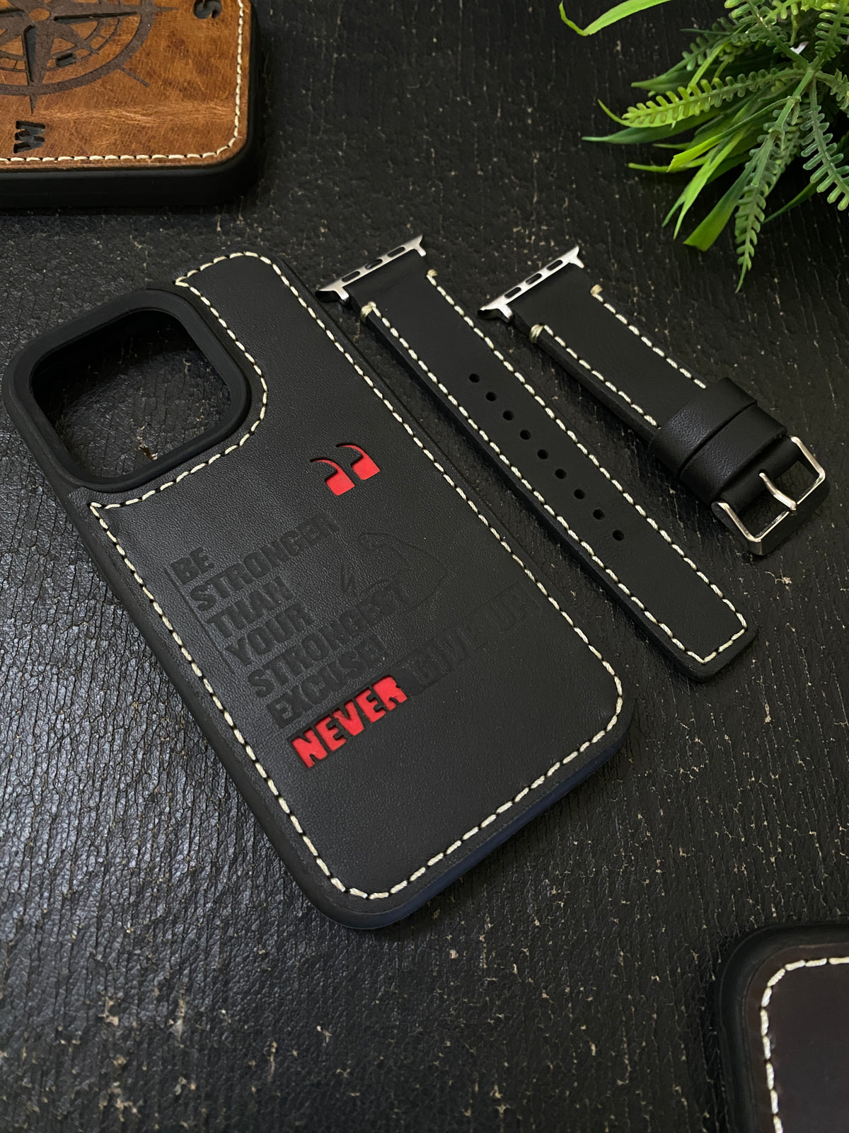 Black Leather White Full Stitch Style Straps for Apple Watch + Same Color Never Give Up Mode Style Art Leather Case for Iphone All Models | ZINOSKINS