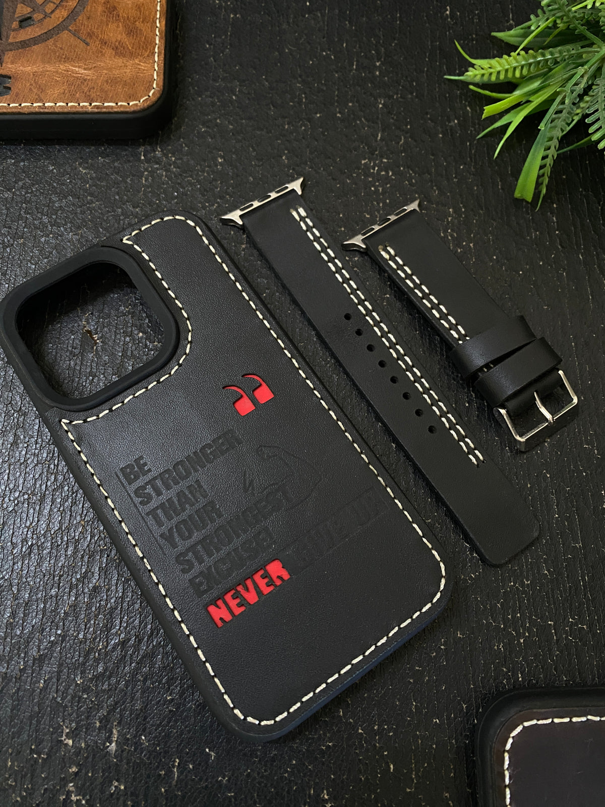 Black Leather White Parallel Stitch Style Straps for Apple Watch + Same Color Never Give Up Mode Style Art Leather Case for Iphone All Models | ZINOSKINS
