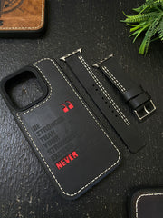 Black Leather White Parallel Stitch Style Straps for Apple Watch + Same Color Never Give Up Mode Style Art Leather Case for Iphone All Models | ZINOSKINS