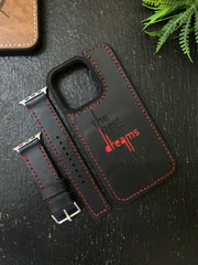 Black Leather Red Full Stitch Style Straps for Apple Watch + Same Color the Best Way To Make Your Dream Comes True Leather Case for Iphone All Models | ZINOSKINS